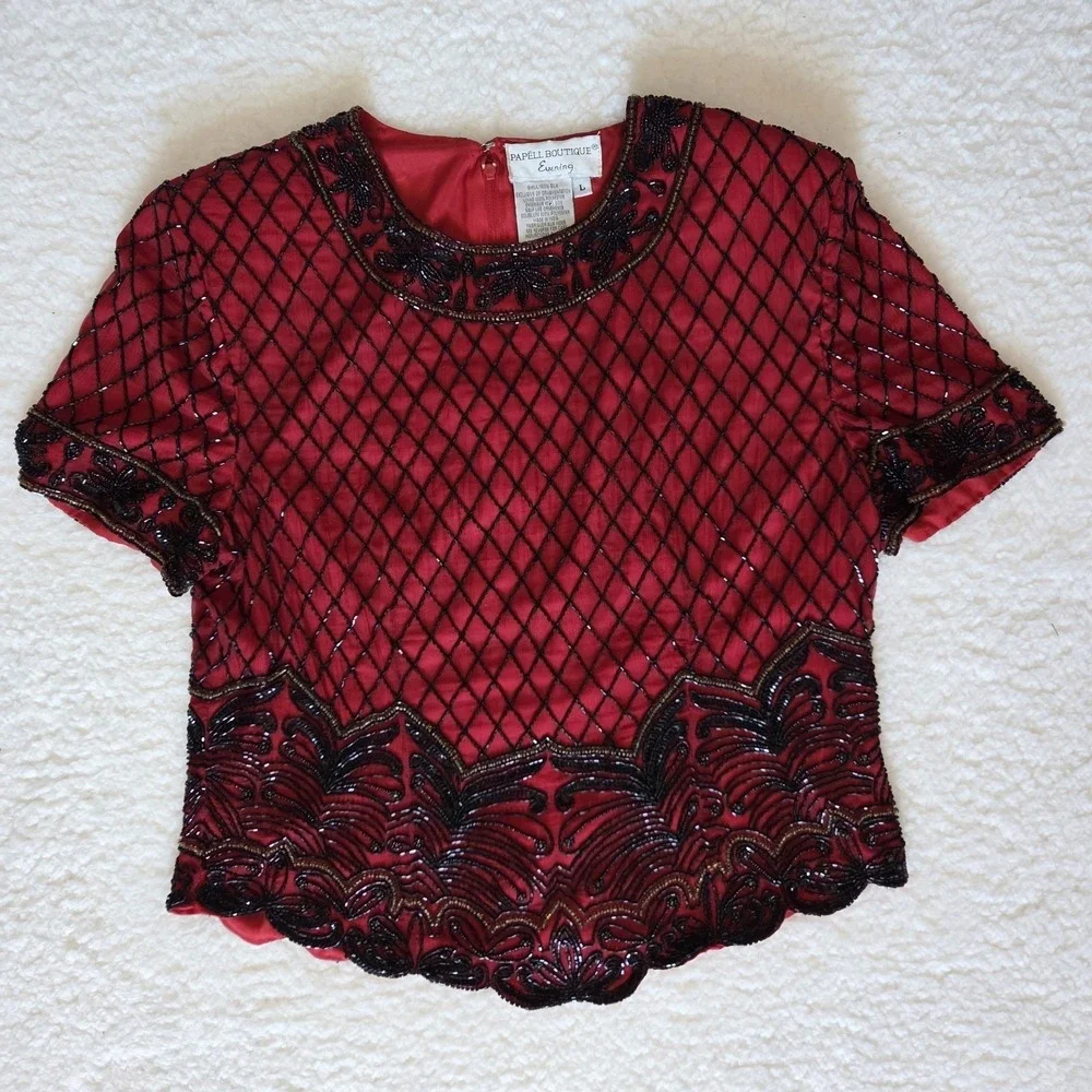 PAPELL BOUTIQUE EVENING BEADED BLOUSE WOMEN'S L 100% SILK VINTAGE RED FLORAL - Picture 2 of 7